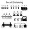 Social Distancing Signs in Public Spaces. Vector Pictogram Depicting Social Distance Practice Signs for Urinal Hand Washing Sinks