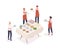 Social event preparation isometric vector illustration. Table serving, restaurant service concept. Waiters and