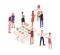 Social event, stand-up meal isometric vector illustration. Corporate party, soiree, celebration. Male waiter and party