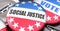 Social justice and elections in the USA, pictured as pin-back buttons with American flag, to symbolize that Social justice can be