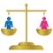 Social justice illustration vector with golden justice balance. Woman and man are standing inside the scale.