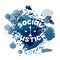 Social justice lettering with scales silhouette on blue watercolor