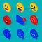 Social Like smile expression chat isometric collection. Funny flat emoji emoticon reactions color icon 3d set