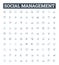 Social management vector line icons set. Networking, Promoting, Branding, Organizing, Marketing, Analyzing