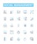 Social management vector line icons set. Networking, Promoting, Branding, Organizing, Marketing, Analyzing