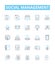 Social management vector line icons set. Networking, Promoting, Branding, Organizing, Marketing, Analyzing