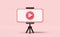 Social media with 3d mobile phone, smartphone, play button, tripod icons isolated on pink background. online social, communication