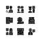 Social media bullying black glyph icons set on white space