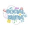 Social media cartoon caption with media icons.