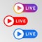 Social media live badge. Instagram, youtube, facebook style banner. Streaming and broadcasting icon. Red. blue and