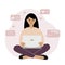 Social media marketing and audience growth. Vector concept illustration of smiling woman sitting with laptop