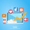 Social Media Marketing banner. Laptop with growing up schedule, icons with social networks