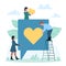 Social media marketing and customer response, tiny people holding hearts, giving likes