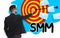 Social media marketing. Man in business attire, abbreviation SMM, dart board, arrow and letters illustrations on background