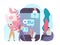 Social media, network chat vector illustration, cartoon tiny people using smartphone and chatting, man woman friend