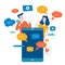 Social media, networking, chatting, texting, communication, online community, posts, comments, news flat vector illustration. Peop