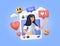 Social media post, blogging. Influencer blogger girl character. Like, share and comment promo. Selfie SMM creative idea