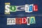 SOCIAL MEDIA word collage on denim with tee shirt lettering cut out, personal marketing