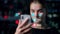 Social network app hologram projecting feed recognising human biometrics closeup