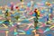 Social network concept, miniature people holding balloons standing on colorful pastel chalk line link and connect between
