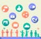 Social network icon with flat design and people with music, thumbup,video,image,bird,image,email,cloud,chat balloon with long