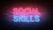 Social Skills neon sign. purple and blue glow. neon text. Brick wall lit by neon lamps. Night lighting on the wall. 3d