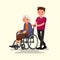 Social worker on a walk with disabled grandmother in a wheelchair. Vector illustration