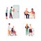 Social workers support elderly and disabled set of flat vector illustrations.