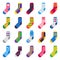 Sock icon. Sport long socks, kids feet clothes and striped warm hosiery isolated vector flat set