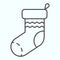 Sock thin line icon. Knitted decoration with waves for donating presents. Christmas vector design concept, outline style