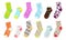 Socks mockup. Realistic colored templates of foot wear, long and short cotton socks product design, clothes with bright