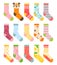 Socks vector illustration set, cartoon flat collection of colorful clothing items with different pattern, cotton and