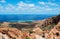 Socotra, overview from Homhil Plateau: a Dragon Blood tree and the Arabian Sea