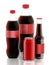 Soda bottles and can with red label on white background