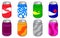 Soda in colored aluminum cans set icons isolated on white background. Soft drinks sign. Carbonated non-alcoholic water with