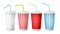 Soda Cup Template Vector. 3d Realistic Paper Disposable Cups Set For Beverages With Drinking Straw. Isolated On White