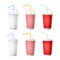 Soda Cup Template Vector. 3d Realistic Paper Disposable Cups Set For Beverages With Drinking Straw. Isolated On White