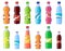 Soda drink bottles. Soft drinks in plastic bottle, sparkling soda and juice drink. Fizzy beverages isolated vector