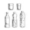 Soda, glasses and mineral water bottles sketch