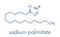 Sodium palmitate soap molecule. Prepared from palm oil by saponification. Skeletal formula.