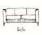 Sofa front view, hand drawn doodle, drawing in gravure style