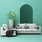 Sofa L shape wiht pot plant and green arch wall interior space