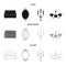 Sofa, mirror, candlestick, chandelier.FurnitureFurniture set collection icons in black,monochrome,outline style vector