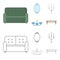 Sofa, mirror, candlestick, chandelier.FurnitureFurniture set collection icons in cartoon,outline style vector symbol