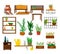 Sofa and pillows, lounge chair, flower pots and boxes, table and bookcase, gardening tools.