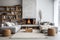 Sofa and poufs against fireplace and wooden shelving units. Scandinavian home interior design of modern living room