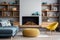 Sofa and poufs against fireplace and wooden shelving units. Scandinavian home interior design of modern living room