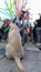 Sofia, Bulgaria / June 10 2019: Tan guy in the middle of the festival giving water to a puppy, Labrador Retriever. Pride festival