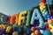 Sofia Pride lettering with balloons on a platform during the Sofia Pride parade