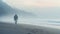 Soft Atmospheric Robot Walking On Beach With Mountains